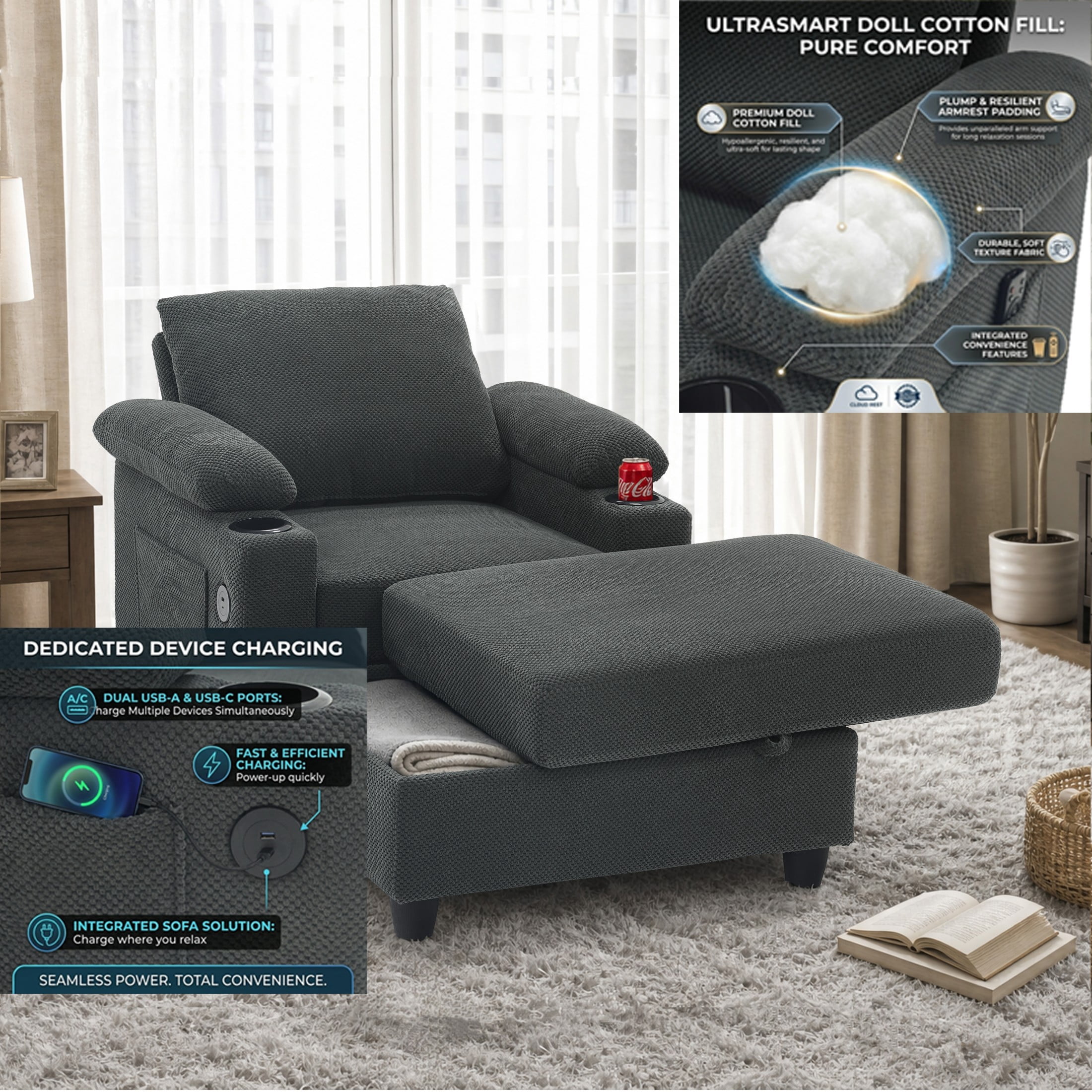 GDF Studio Abriel Accent Chair with Storage Ottoman, USB Ports & Cup Holders, Versatile Chaise Lounge, Dark Gray