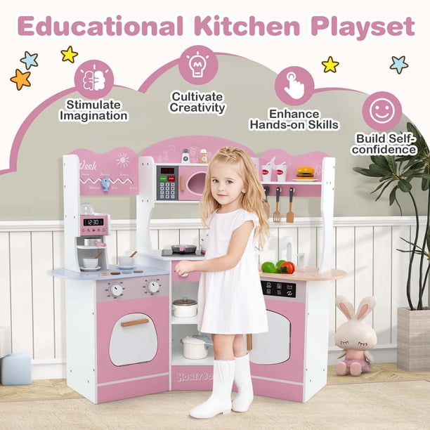 COSTWAY Cuisine Enfants Rose Avec Accessoires - 3 Hauteurs Réglables, Sons & Lumières, Machine à Laver & Four - Jouet Imitation Pour Enfants Dès 3 Ans