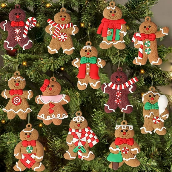 12 Pcs Gingerbread Man Ornaments, Cute Snowman Plastic Figurines Assorted Ornaments Sugar Cookie House for Christmas Tree Hanging Party DIY Decorations, 2.75Inch