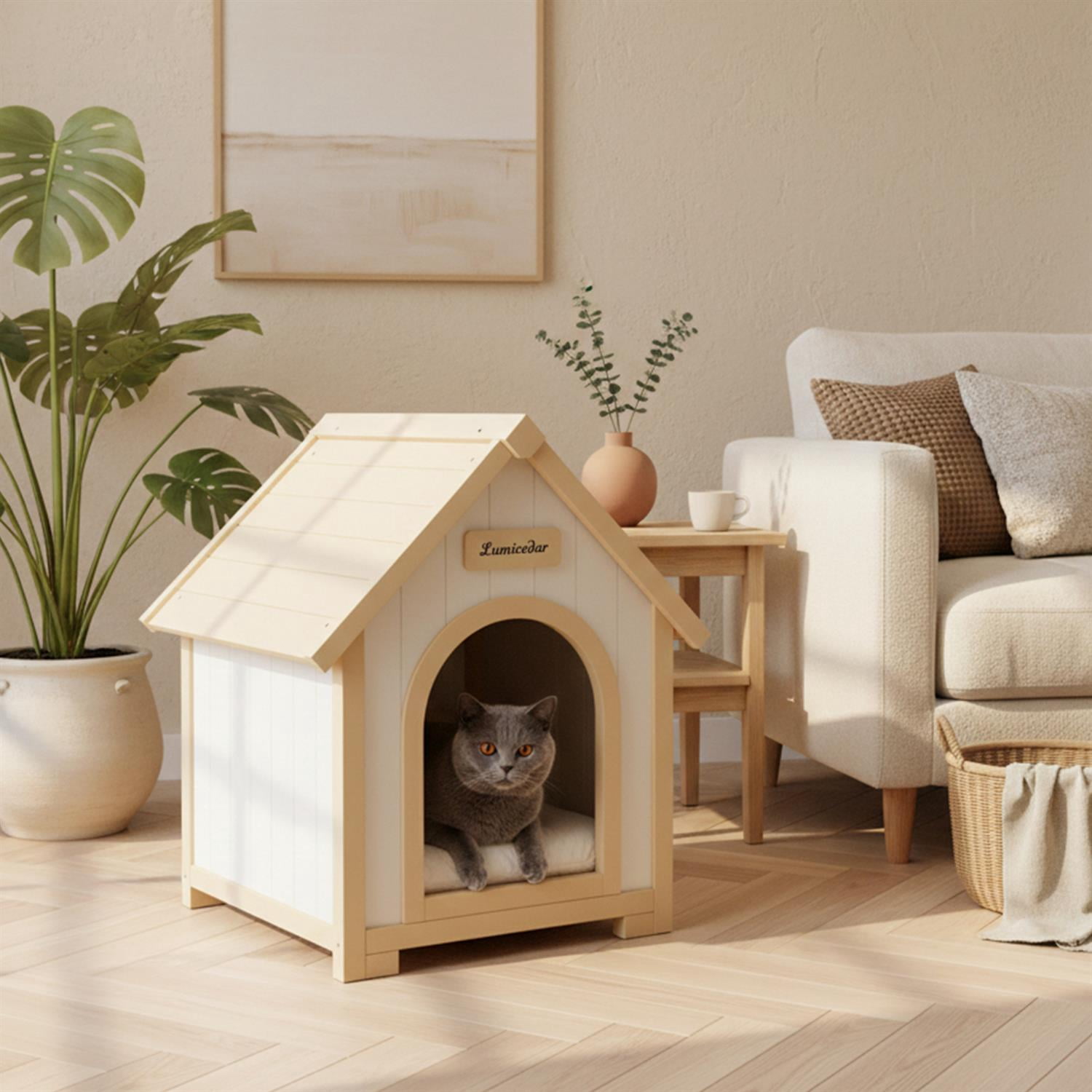 Pefilos FSC Solid Cedar Pet House, Cream Yellow Cabin Style Indoor Shelter for Small Dogs/Cats, Wood Material, Yellow