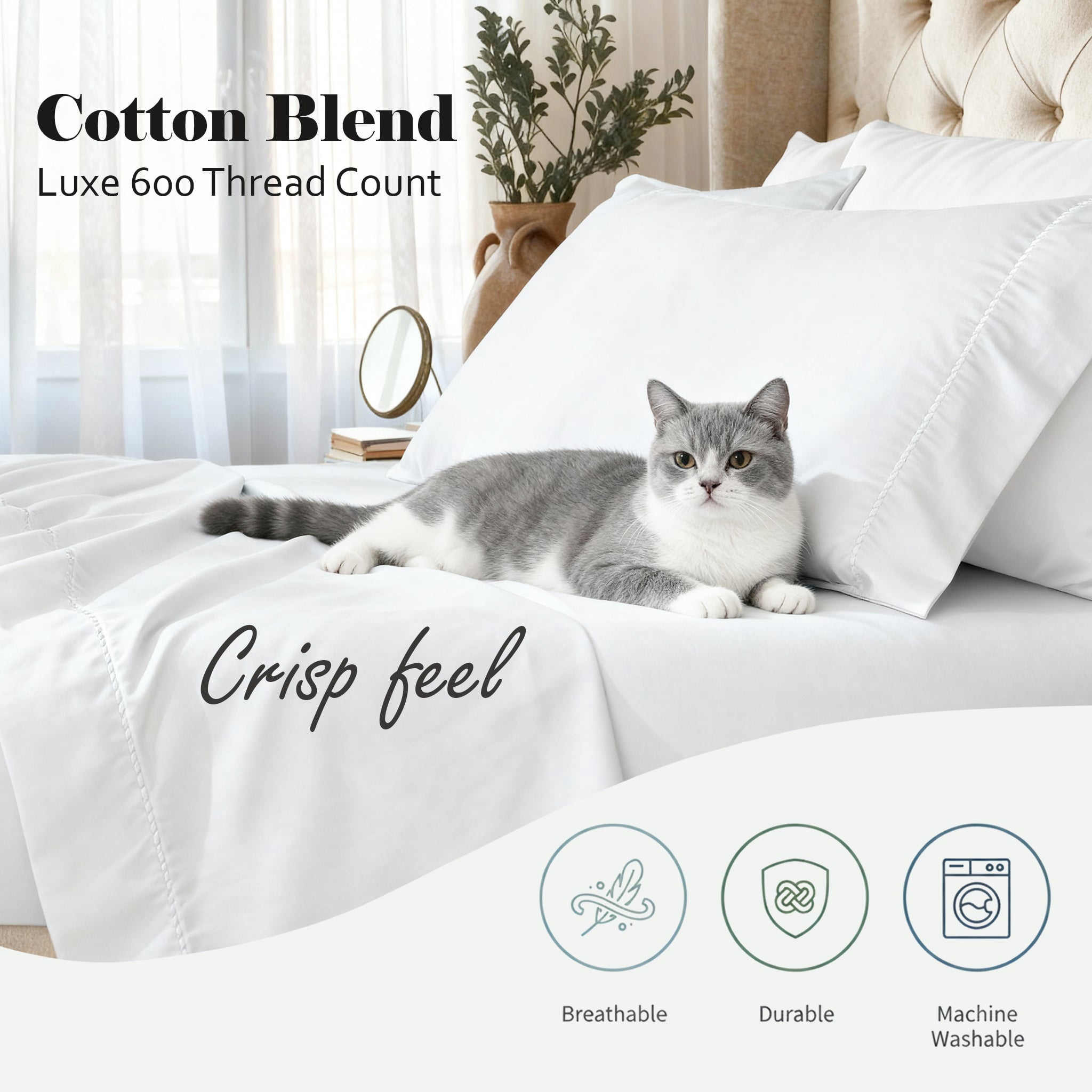 Superior Cotton Blend 600 Thread Count Dash Stitch Hem Sheet Set, Twin-XL, White