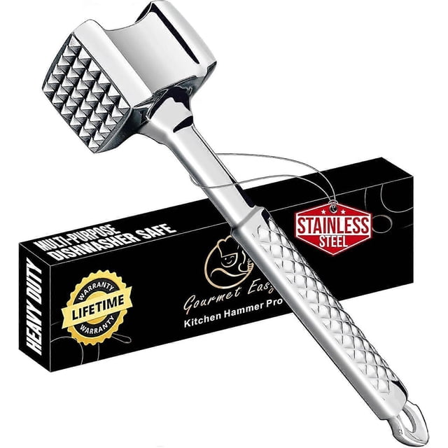 Stainless Steel Meat Tenderizer Tool, Premium Meat Mallet with Non-Slip Grip, Dual-sided Kitchen Mallet Ideal for Tenderizing Steak, Poultry & Chicken