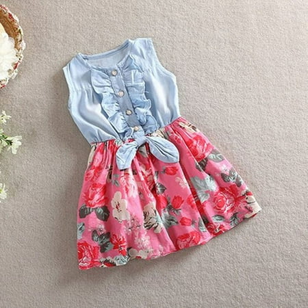 

Tking Fashion Toddler Kids Baby Girls Denim Bowknot Print Sleeveless Princess Party Dresses Red 150