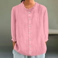 thumbnail image 2 of Lenpel Women's Button down Shirts Trendy Ruffle Crew Neck 3/4 Sleeve Cotton Linen Tops Loose Casual Blouses, 2 of 6