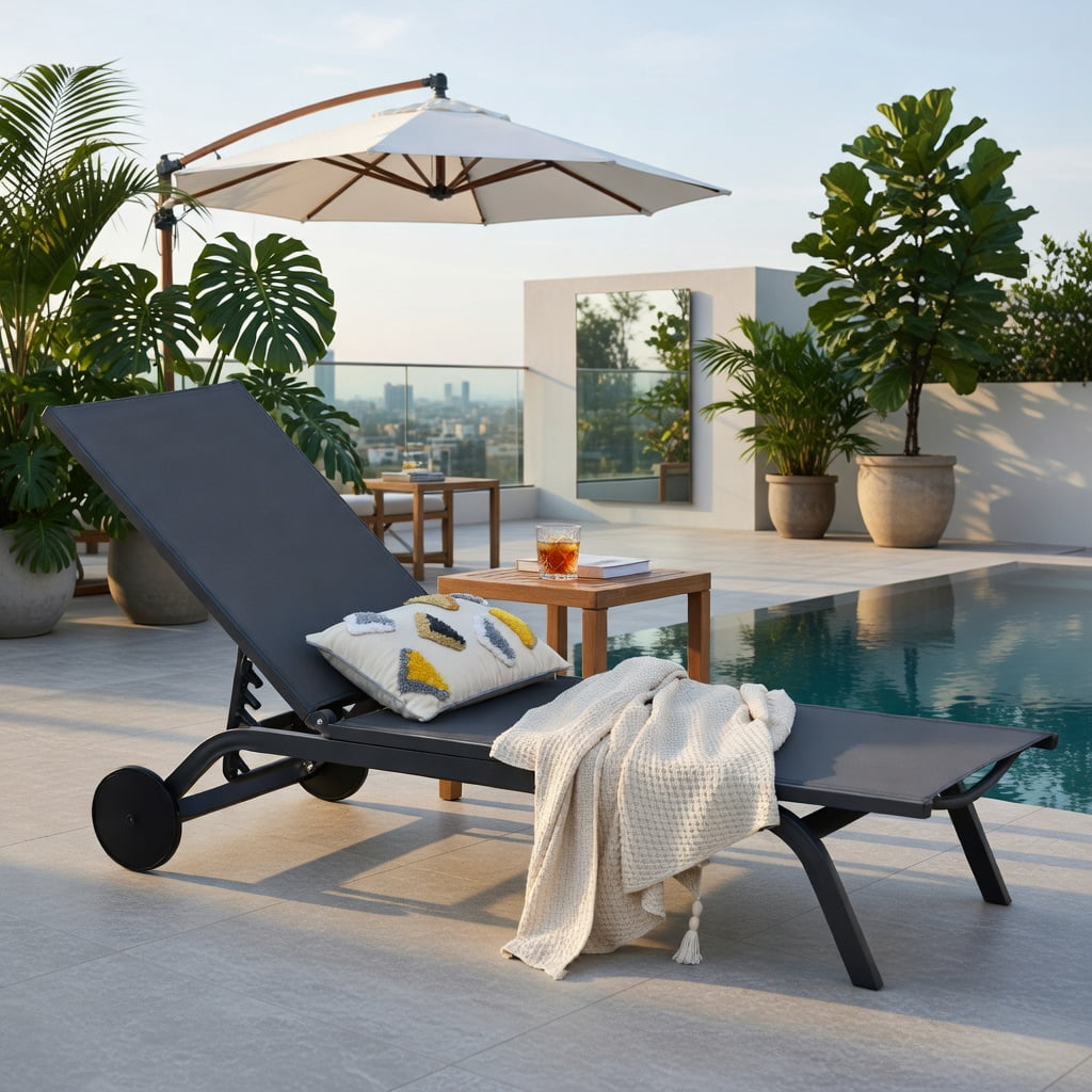 Hommoo 6-Position Adjustable Aluminum Outdoor Recliner Chair, Fabric Patio Lounge Chair for Poolside, Backyard & Balcony, Gray