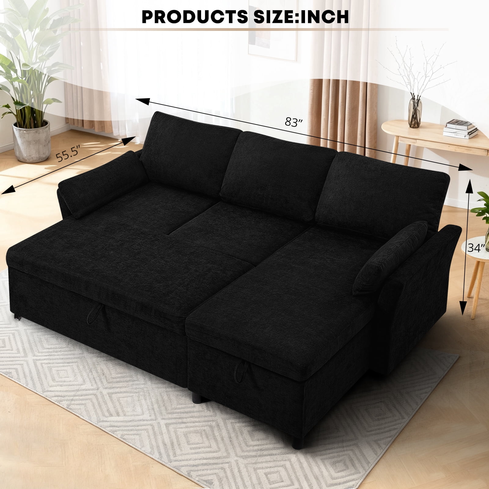 ACMEASE 83 Inches Fabric Sectional Sofa with Pull Out Sofa Bed, Modern L Shaped Sofa with Throw Pillows, Comfortable Sleeper Couch with Storage Chaise for Living Room, Black