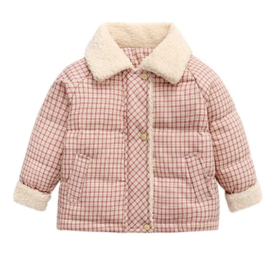 Zpanxa Quilted Jackets for Girls Girls Fleece Collar Plaid Quilted Short Puffer Jacket Kids Fall Winter Warm Sherpa Trim Coat