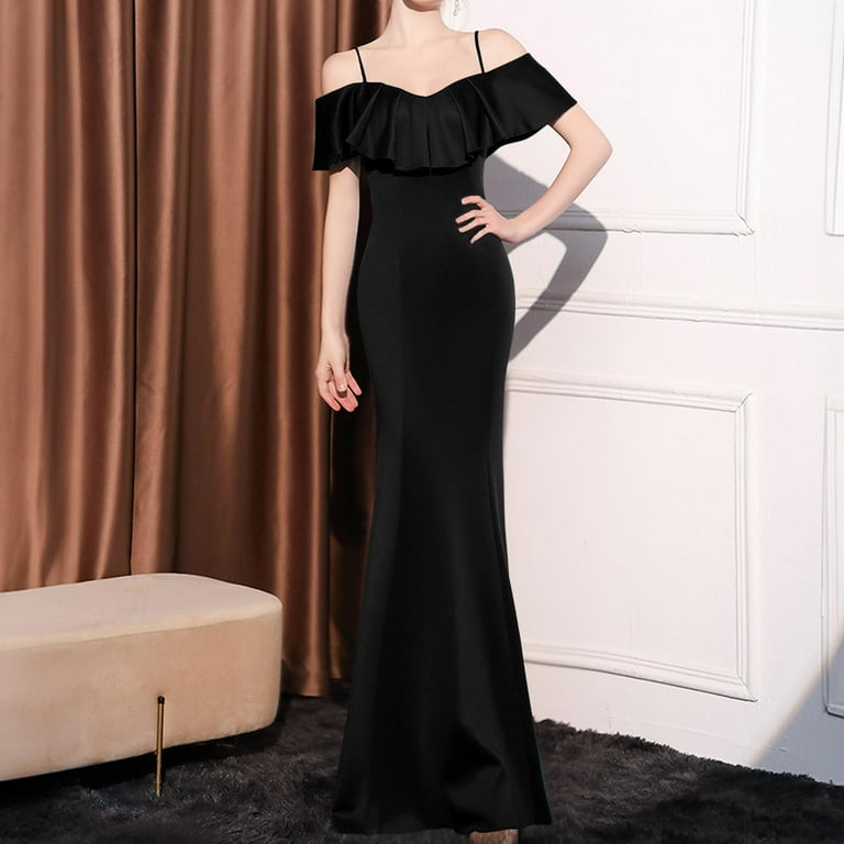 DailyTrove Women's Off-Shoulder Mermaid Maxi Dress - Slim-Fit Solid Color  Formal Gown, Polyester Blend, Flattering for Cocktail Parties & Formals for  ...