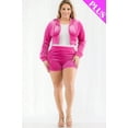thumbnail image 2 of Saronite Velour Crop Zip Up Soft Long Sleeve Crop Top Hoodie Jacket & Shorts Set, Hot Pink (Women's), 2 of 5