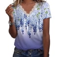 thumbnail image 2 of Camiseta De Verano Para Mujer Camiseta Suelta De Manga Corta Con Cuello En V Con Adorno De Encaje Estampado Floral Para Damas Femeninas Impresión A Azul M, 2 of 6
