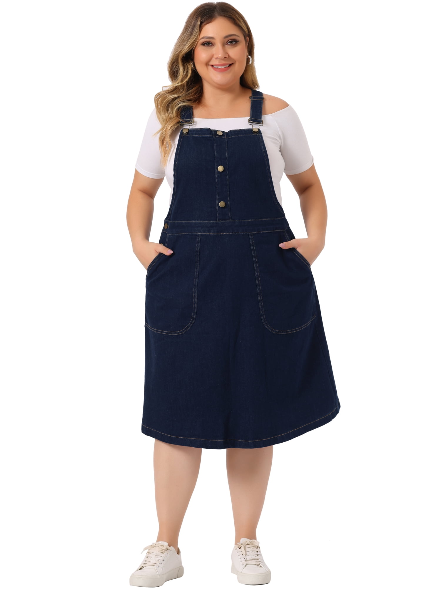 Unique Bargains Women's Plus Size Overall Button Up Adjustable Strap Denim Dress 1X Dark Blue