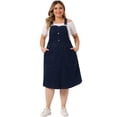 thumbnail image 3 of Unique Bargains Women's Plus Size Overall Button Up Adjustable Strap Denim Dress 1X Dark Blue, 3 of 6