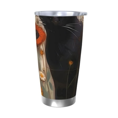 

KLL Black Cat in Wildflowers Print 40oz Stainless Steel Insulated Car Cup with Spillproof Lid - Keep Your Drink Hot or Cold on the Go-Without Straw