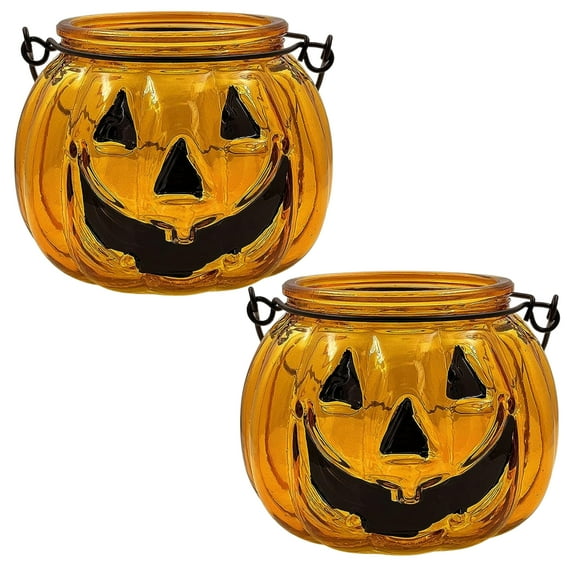 Halloween Orange Pumpkin Tealight Votive Candle Holders with Grimace Metal Hanging Lantern Decorative Table Centerpiece Home Kitchen Ornaments Indoor Outdoor Party Dining Decoration Supplies Set of 2