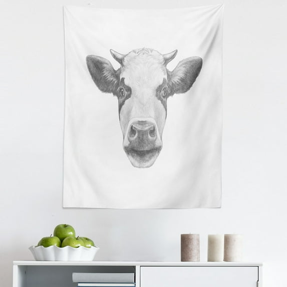 Farm Animal Tapestry, Detailed Hand Drawn Sketch Portrait of Cow with Horns Image, Fabric Wall Hanging Decor for Bedroom Living Room Dorm, 5 Sizes, Dark Grey Pale Grey, by Ambesonne