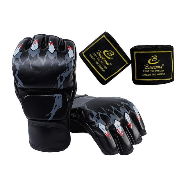 Guantes de boxeo de medio dedo, guantes de MMA, mitones deportivos, guantes de sparring, guantes de boxeo Negro