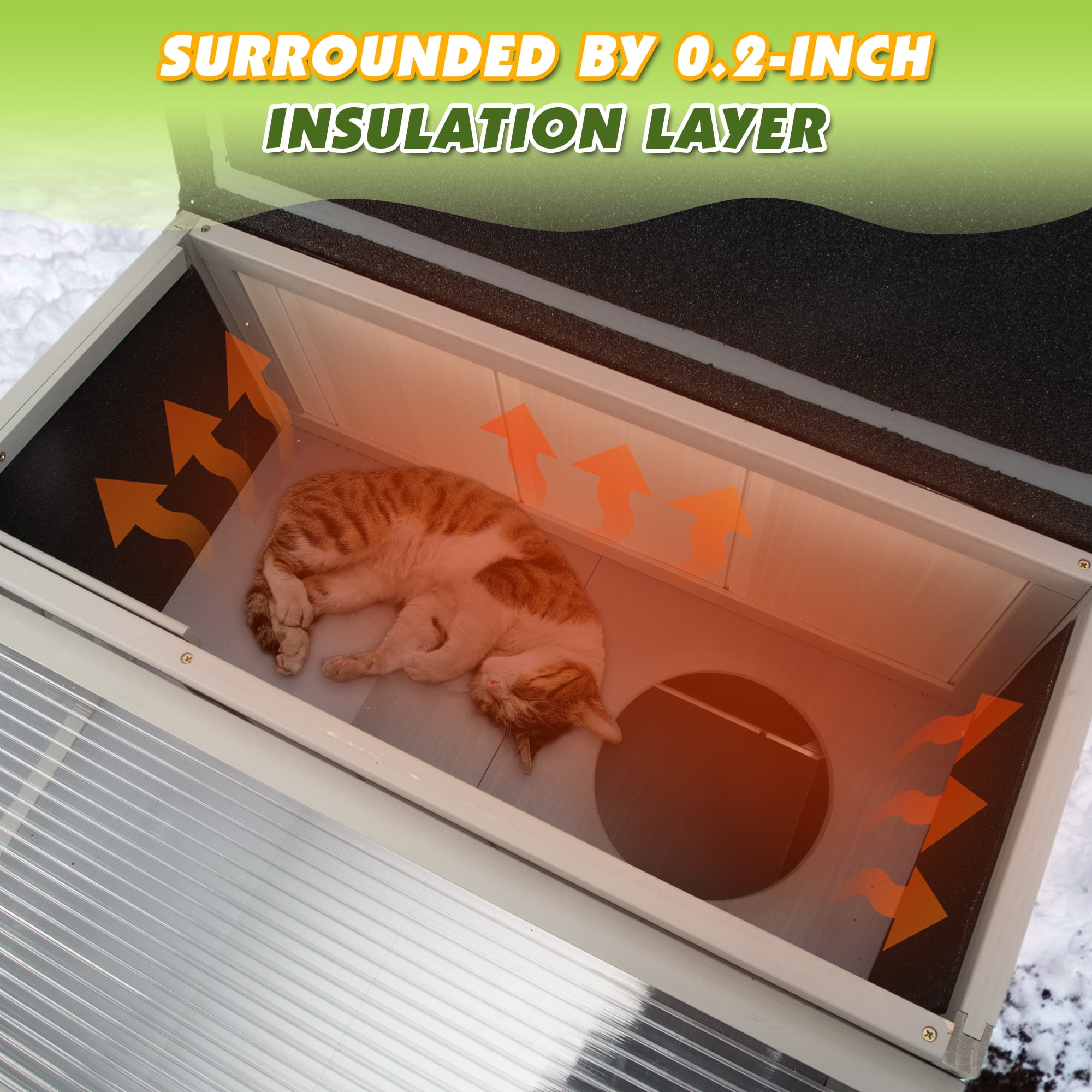 2-Tier Warm Wood Cat Shelter with Sunlight Roof, Outdoor Kitty Cat House, Balcony, Jumping Platforms, Kitty Pet Porch Enclosure, Weatherproof Outside