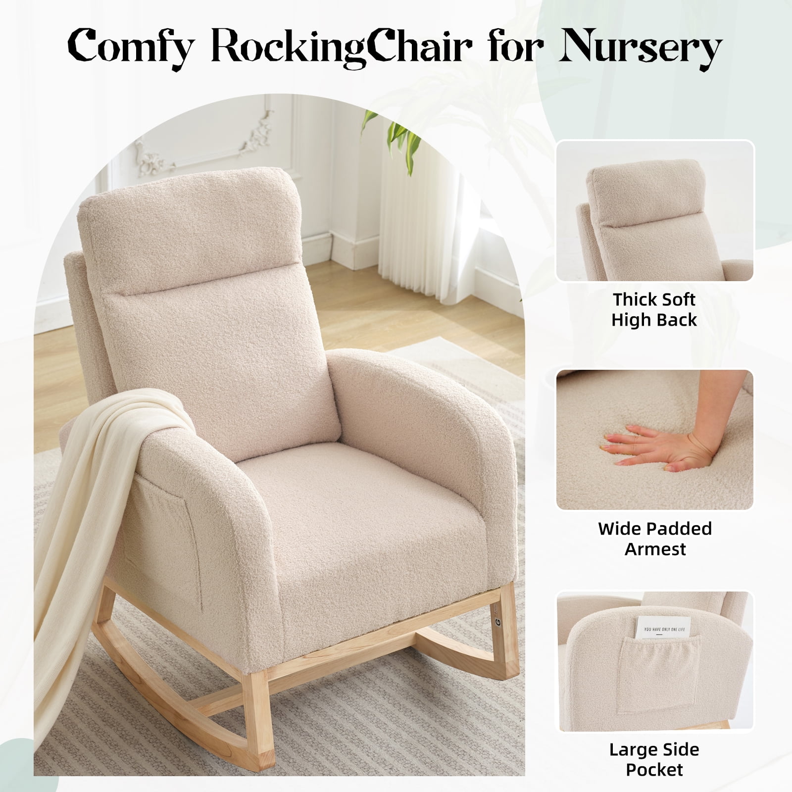 Nursery Rocking Chair with High Backrest and Side Pocket, 300lb Glider Chair with Solid Wood Legs&Two Side Pockets, Glider Accent Armchair with Rubber Wood Legs for Living Room, Bedroom, or Nursery