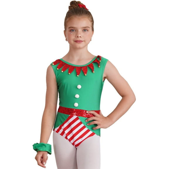 Zaldita Kids Girls Christmas Elf Cosplay Leotard Costume Sleeveless Bell Decor Dance leotard Jumpsuit Green 14
