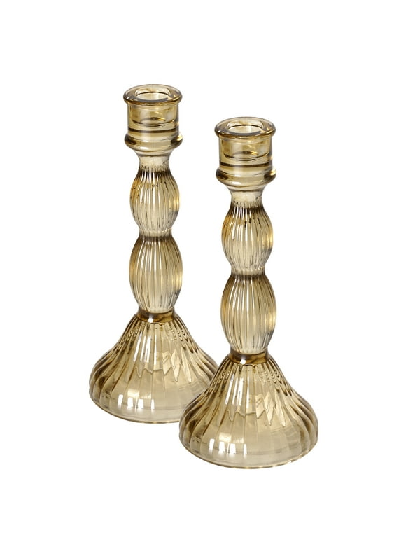 Crystal Art Gallery Traditional Glass Candle Stick Holder Set of 2, Neutrals