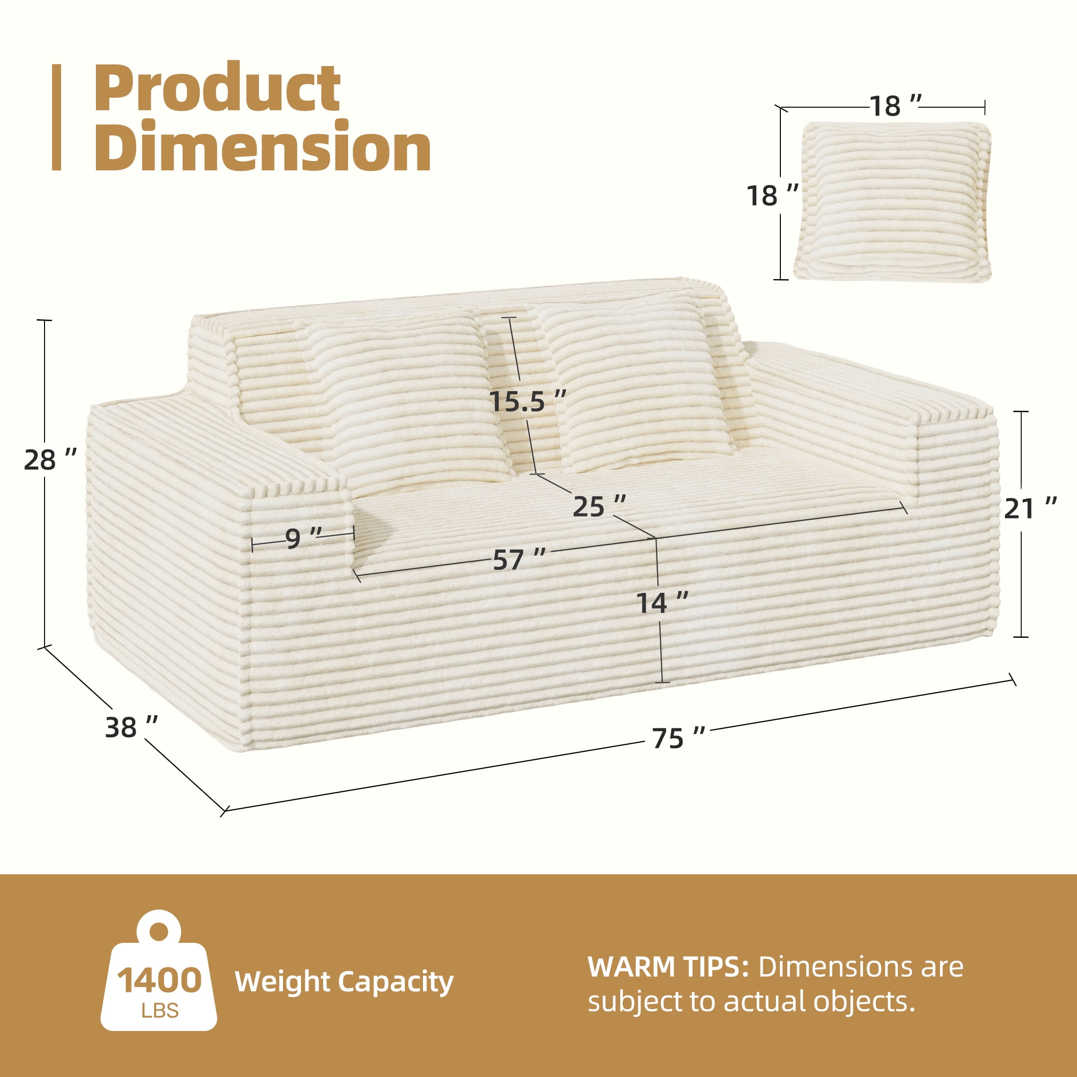 Hawsaiy 75" Corduroy Loveseat Sofa with Wide Armrests & Removable Pillows, No Assembly Foam Couch, Vacuum Packed, High-Density Support,Beige