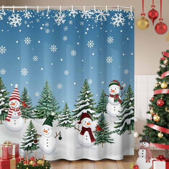 Blue Snowman Christmas Shower Curtain, Xmas Tree Green Snowflake Waterproof Fabric Shower Curtains with 12 Hooks, Bathroom Curtain Set for Bathroom Accessories Decor, 72 x 84 Inches