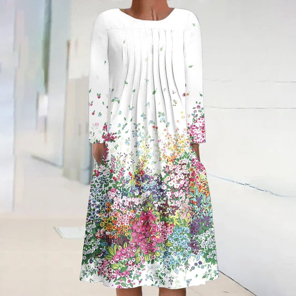 ICHUANYI Clearance Women's Casual Round Neck Long Sleeve Folding Floral Printed Dresses(White, XXL) ICHUANYI WER2023081203773