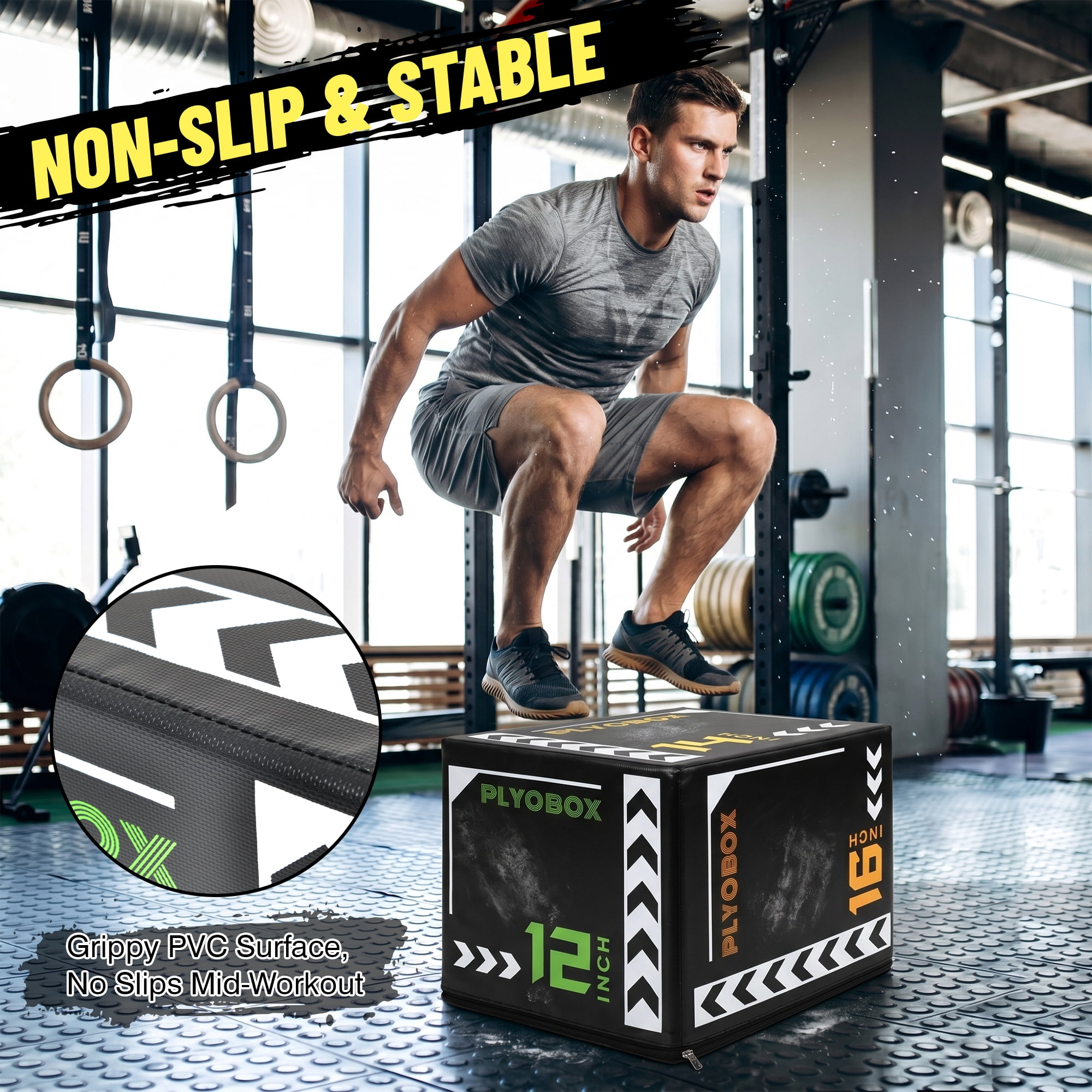 Leumius 3-in-1 Foam Plyometric Jump Box for Home Gym,12/14/16 Inch Multiple Height Options,Versatile Plyo with Non-Slip Surface for Strength, HIIT, Step-Ups, and Agility Training,Black