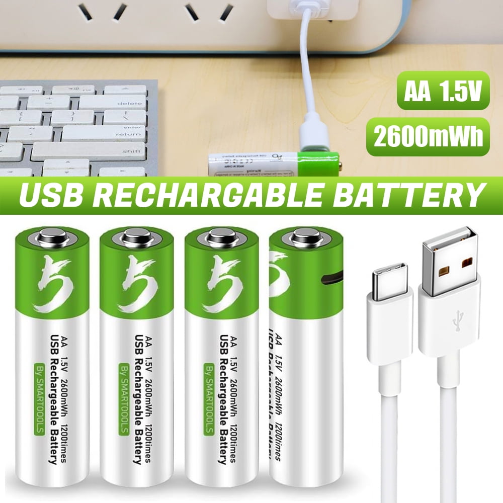 USB Rechargeable AA Battery, 1.5V / 2600mWh Rechargeable Lithium AA Batteries, Over 1200 Cycles