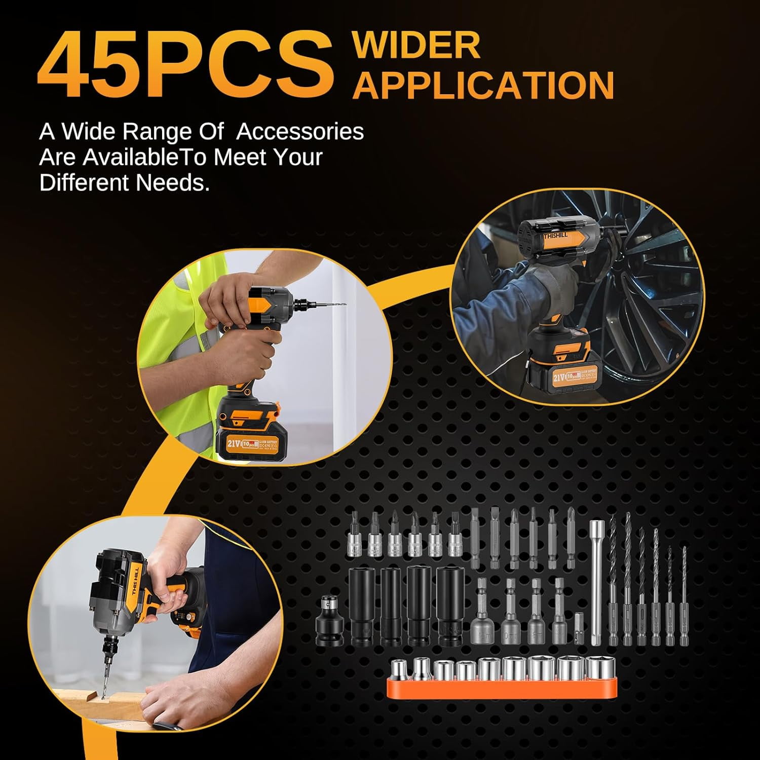 45PCS Cordless Impact Wrench,600Nm(443Ft-lbs),1/2 Inch Brushless lmpact Driver Set,w/Two 4.0Ah Battery,17 Sockets,High Torque Power Impact Gun for Car Home