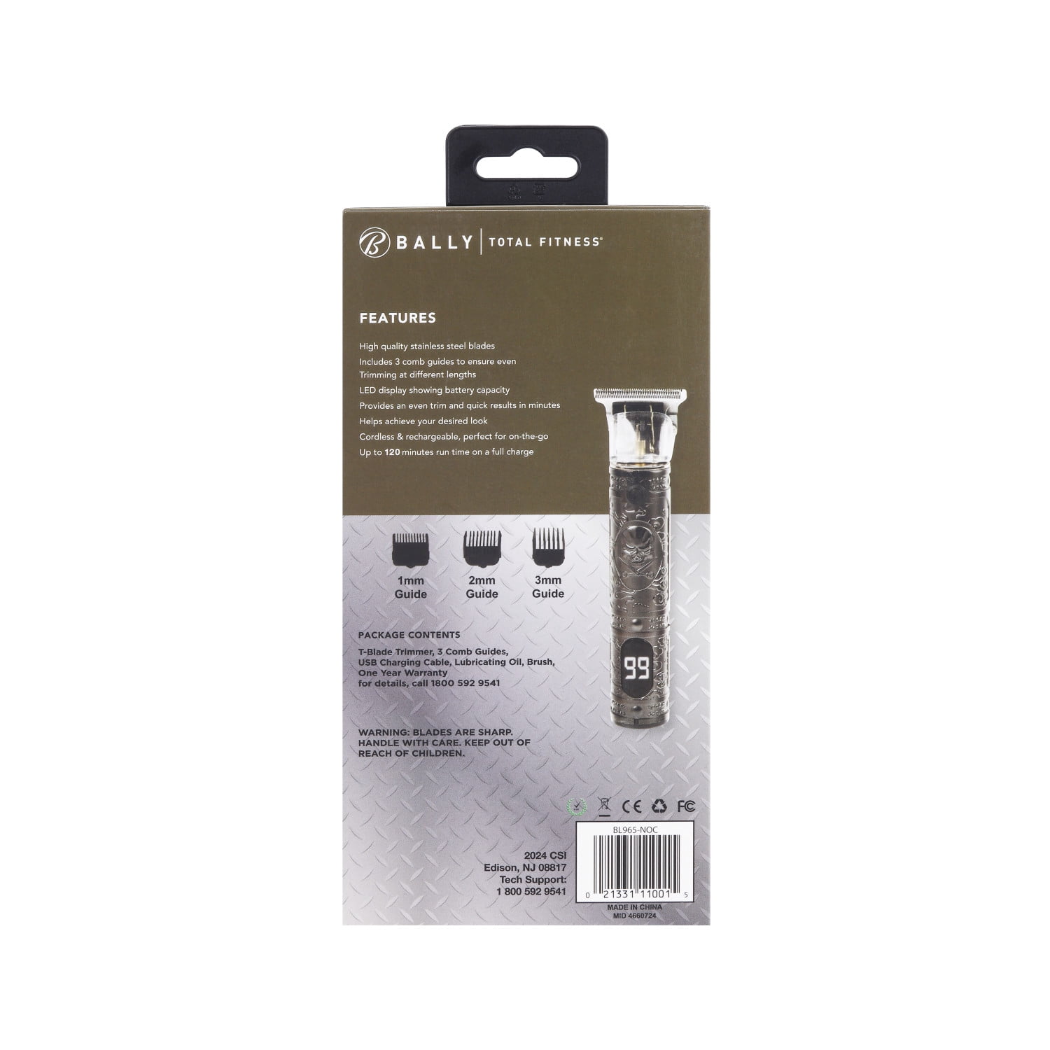 Bally's Stainless Steel T-Blade Cordless Rechargeable Men's Electric Hair Trimmer,