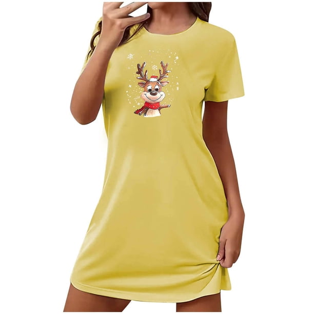 Camisón corto navideño para mujer, talla grande, con cuello redondo estampado y mangas cortas, para el pecho.