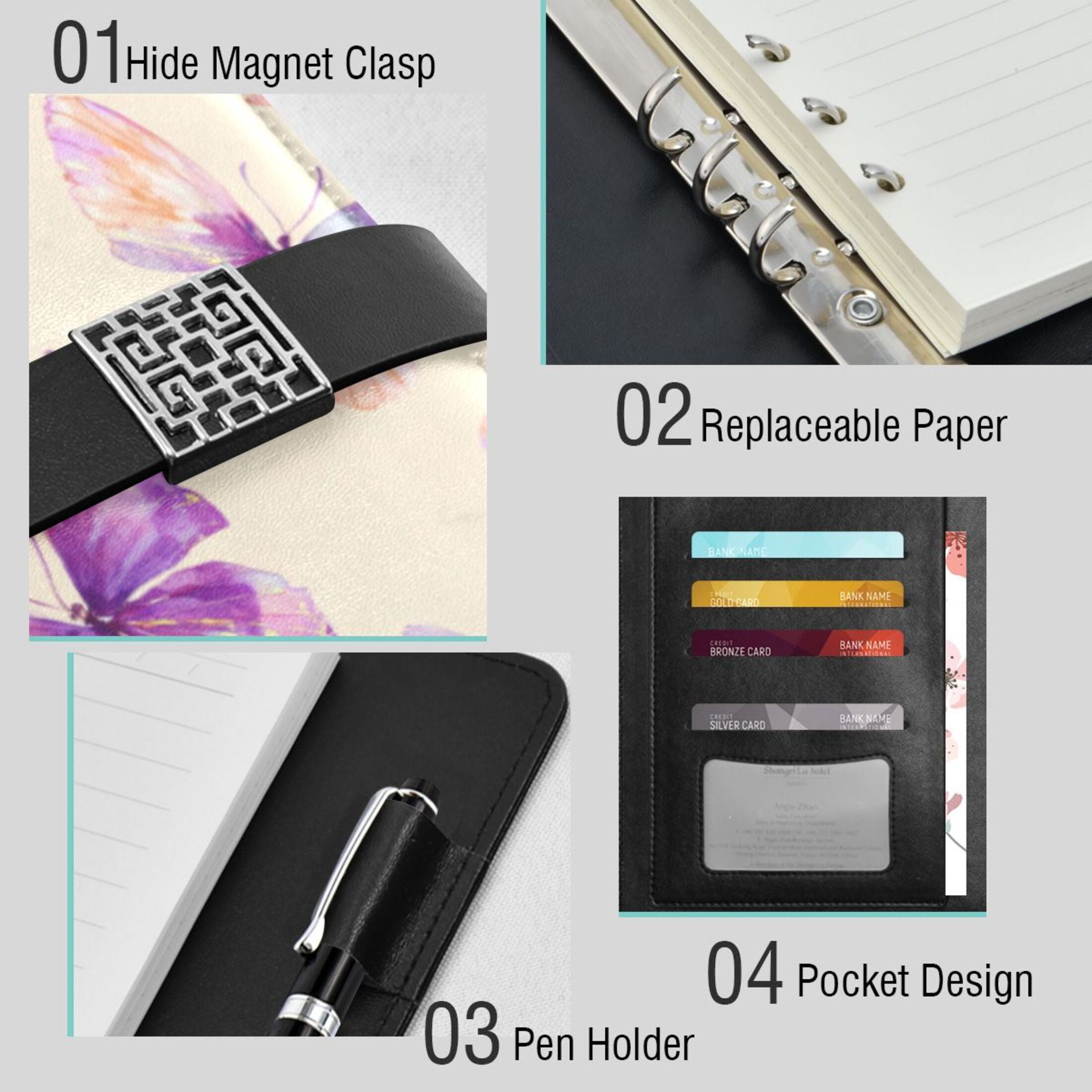 Leather Planner Leather Notebook Notebook Journal Binder Design Pen Pocket Design Convenient for Storage Purple Butterfly