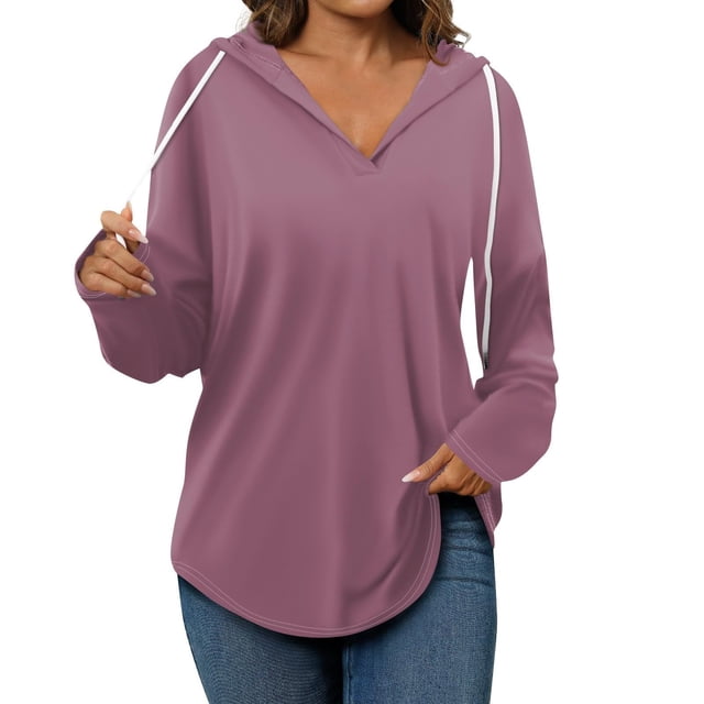 Timegard Hoodies for Women V Neck Drawstring Long Sleeve Pullover Fall Casual Loose Comfy Tops Blouse