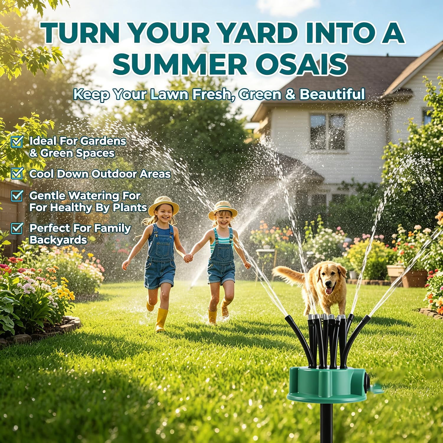 360° Multi‑Directional Lawn Sprinkler for Yard & Garden – Stable Rotating Water Sprinkler with Wide Coverage, Easy Hose Connect for Grass, Backyard, Patio & Summer Outdoor Play