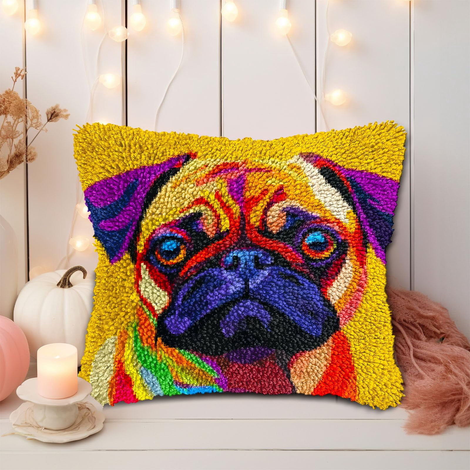 Pug Dog Colored DIY Latch Hook Pillow Kits for Adults Printed Pillowcase Crochet Yarns Hooking Handmade Pillow Cover Cushion for Home Sofa Decoration 17x17inch