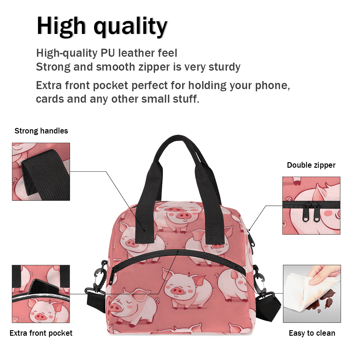 Herdesigns Pink Pig Insulated Lunch Bag for Women Men Adults Large Reusable Lunch Box Leakproof Portable Cooler Tote Bags with Adjustable Shoulder Strap