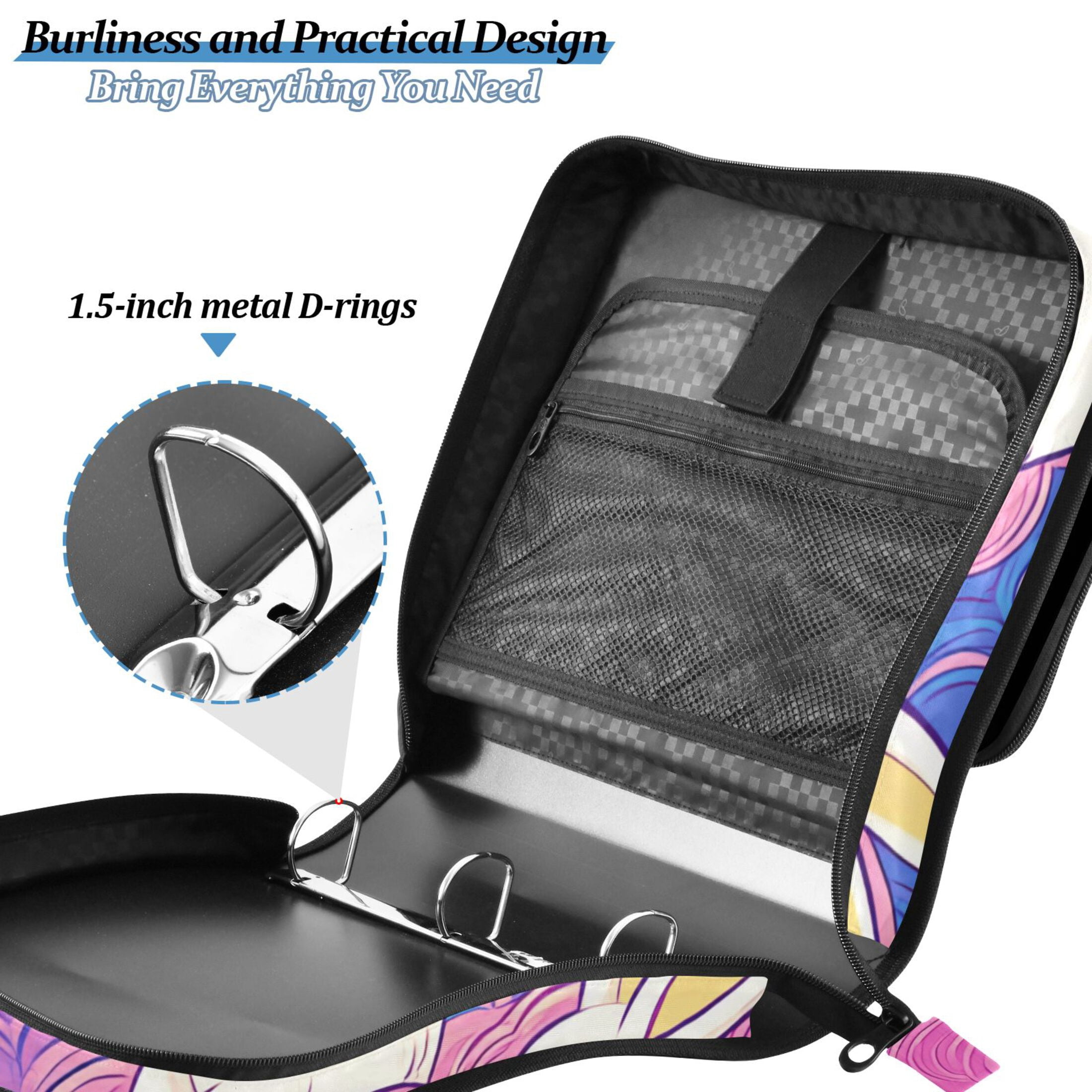 3 Ring Zipper Binder with Shoulder Strap Waterproof Trapper Keeper 2 Inch D-Ring 500 Sheets Capacity Colorful Cloud with Cute Bunnies