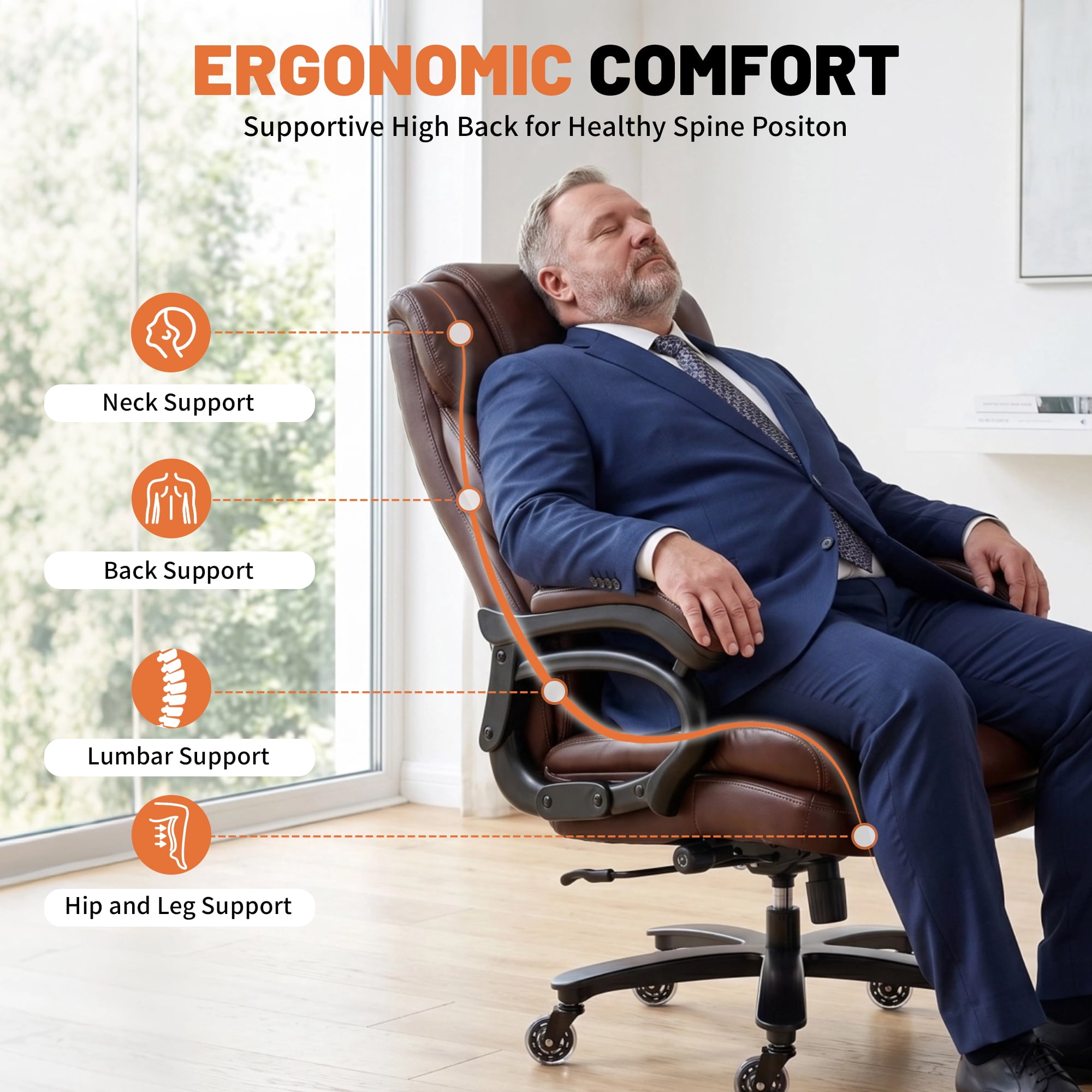 Qusaphy 800LBS Big and Tall Executive Office Chair, PU Leather Ergonomic Desk Chair with Adjustable Backrest and Thick Padded Cushion, Heavy Duty Chair for Home or Office Brown