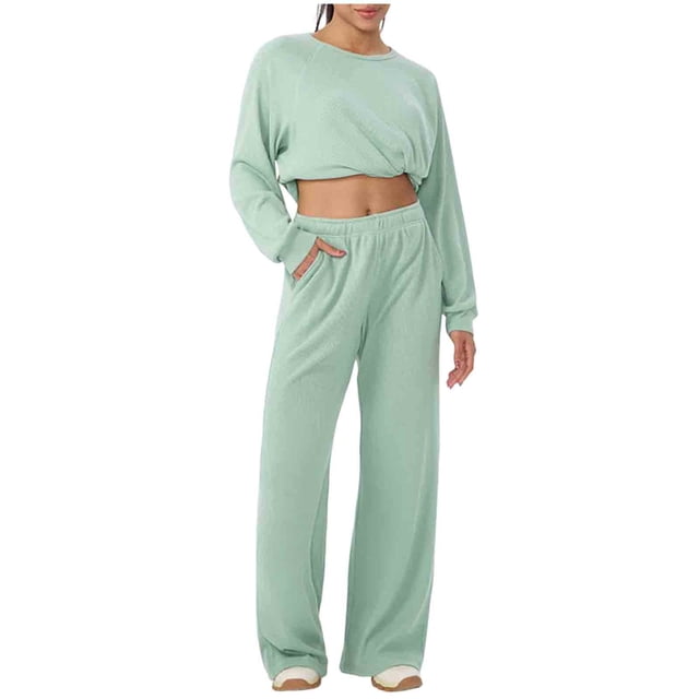 Conjunto de Pantalones Mujeres Outfits de 2 Piezas Vestido Casual de Color Sólido Bolsillo Deportivo Suelto Pantalones de Manga Larga Blusas de Cuello Redondo Conjunto Superior Conjunto de Pantalones