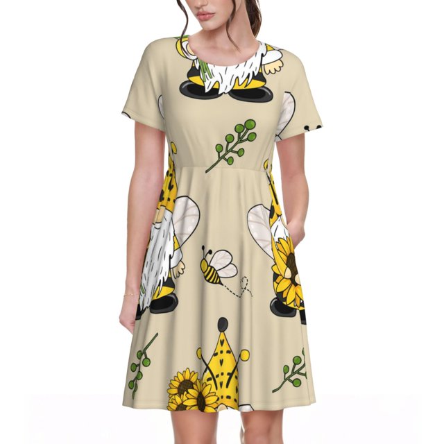 Balery Gnomes Bees And Sunflowers Vestidos sueltos de manga corta para mujer, vestidos de verano 2025, vestidos casuales de corte A con vuelo.