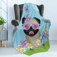 thumbnail image 4 of Pug Soft Flannel Fleece Throw Blanket, Puppy on the Field Flowers Butterflies Heart Shaped Clouds Open Sky, Cozy Plush for Indoor and Outdoor Use, 50" x 60", Sky Blue Multicolor, by Ambesonne, 4 of 5
