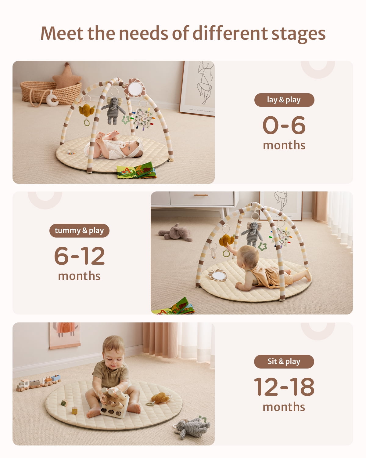 Blissful Diary Baby Play Gym Activity Mat, Tummy Time Mat Play Mat with 6 Sensory Toys for Motor Skill Development, Newborn Infant Baby Essentials Gift for Boys Girls, Oatmeal Beige