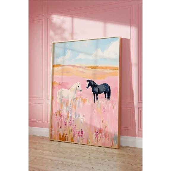 Wild Horses In A Pink Field Print, Preppy Western Wall Art Home Decor #2277, Unframed Poster Size 8x12