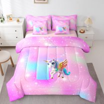 Manfei Letter F Monogrammed 7 Pieces Bedding Comforter Set,Cute Cartoon Unicorn Full Bedding Set,Pink Blue Fitted Sheet Flat Sheet For Child,Microfiber Room Decorative Reversible
