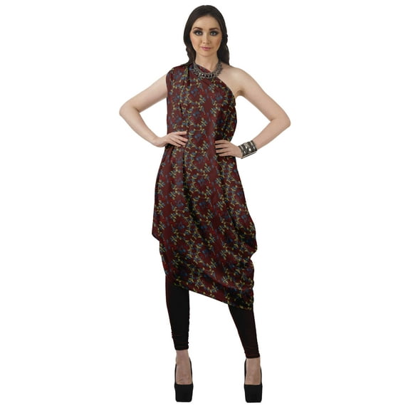 Moomaya Women's Printed One-Shoulder Cowl Kurti Sleeveless Dress Boho Party Designer Clothing