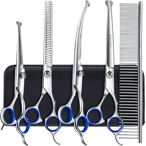 6 in 1 Professional Stainless Steel Grooming Scissors for Dogs with Safety Round Tip, Heavy Duty Titanium Coated Pet Grooming Scissor for Dogs, Cats and Other Animals