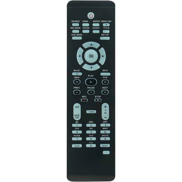 mando a distancia dvdr3475/37 para grabadora de dvd philips compatible con dvdr3475 dvdr3437 dvdr3475/37b, vista frontal centrada de control remoto infrarrojo negro preprogramado con botón direccional circular y tecla OK, botones de reproducción, pausa y numéricos, carcasa ABS ligera y botones fáciles de presionar, alcance de señal hasta 10 m; listo para usar al insertar pilas nuevas. También suele usarse como control remoto de repuesto universal para modelos Philips compatibles.
