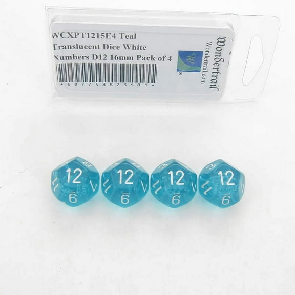 Teal Translucent Dice with White Numbers D12 Aprox 16mm (5/8in) Pack of 4 Wondertrail