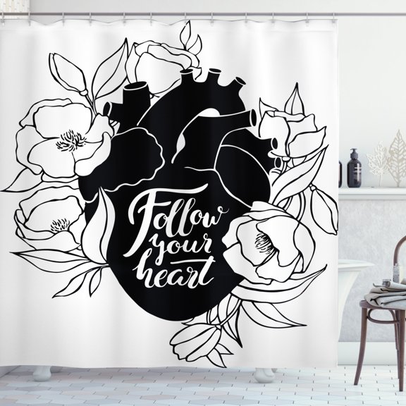 Ambesonne Human Heart Shower Curtain, Words on Flourish Organ, 69"Wx84"L, Charcoal Grey and White